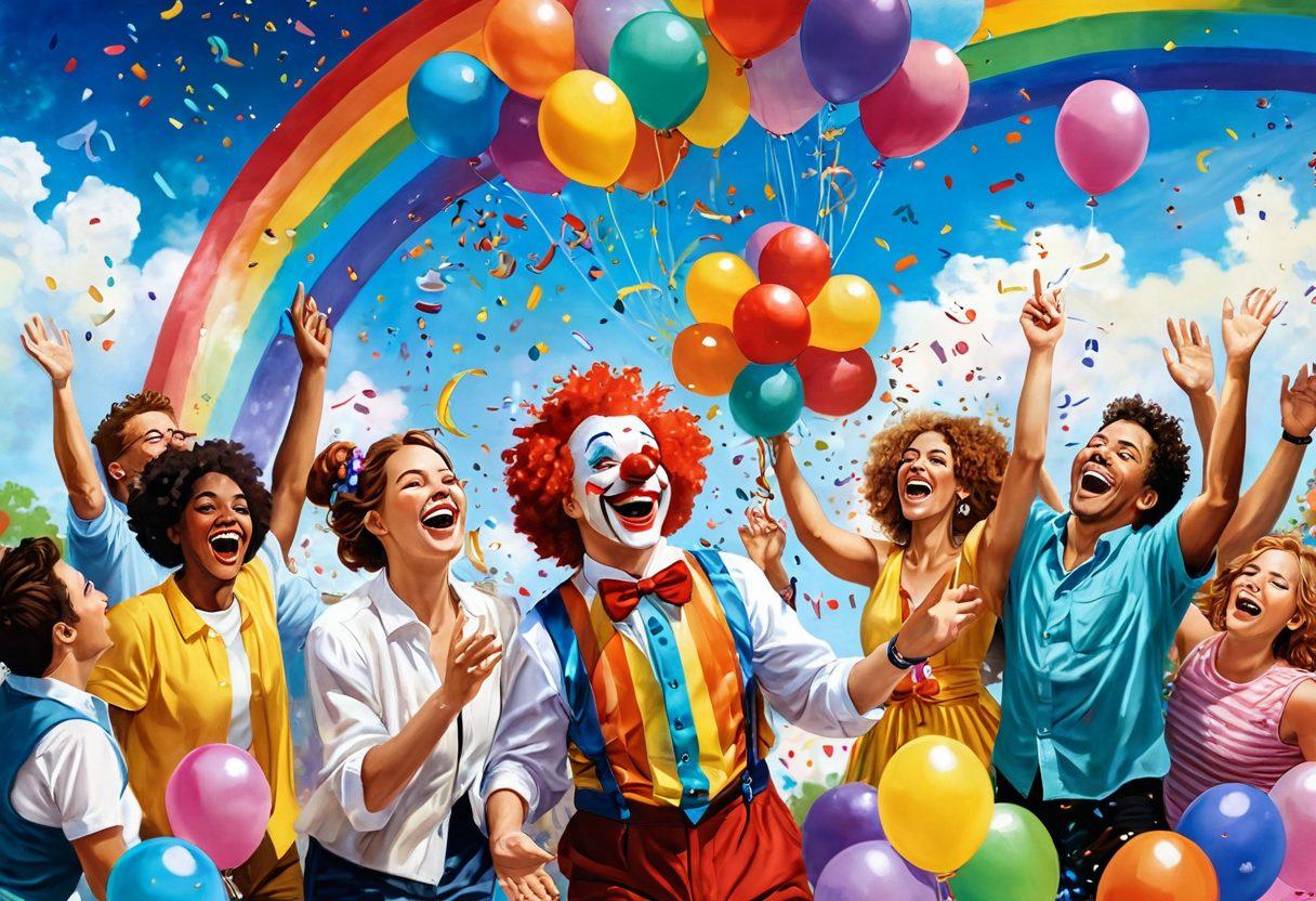 A whimsical celebration scene filled with colorful balloons, diverse people laughing and playing with confetti in the air, surrounded by vibrant flowers and a sparkling rainbow in the sky. Include playful elements like a clown juggling and a whimsical cake with candles. Capture the essence of joy and revelry in a festive atmosphere. vibrant colors. painting.