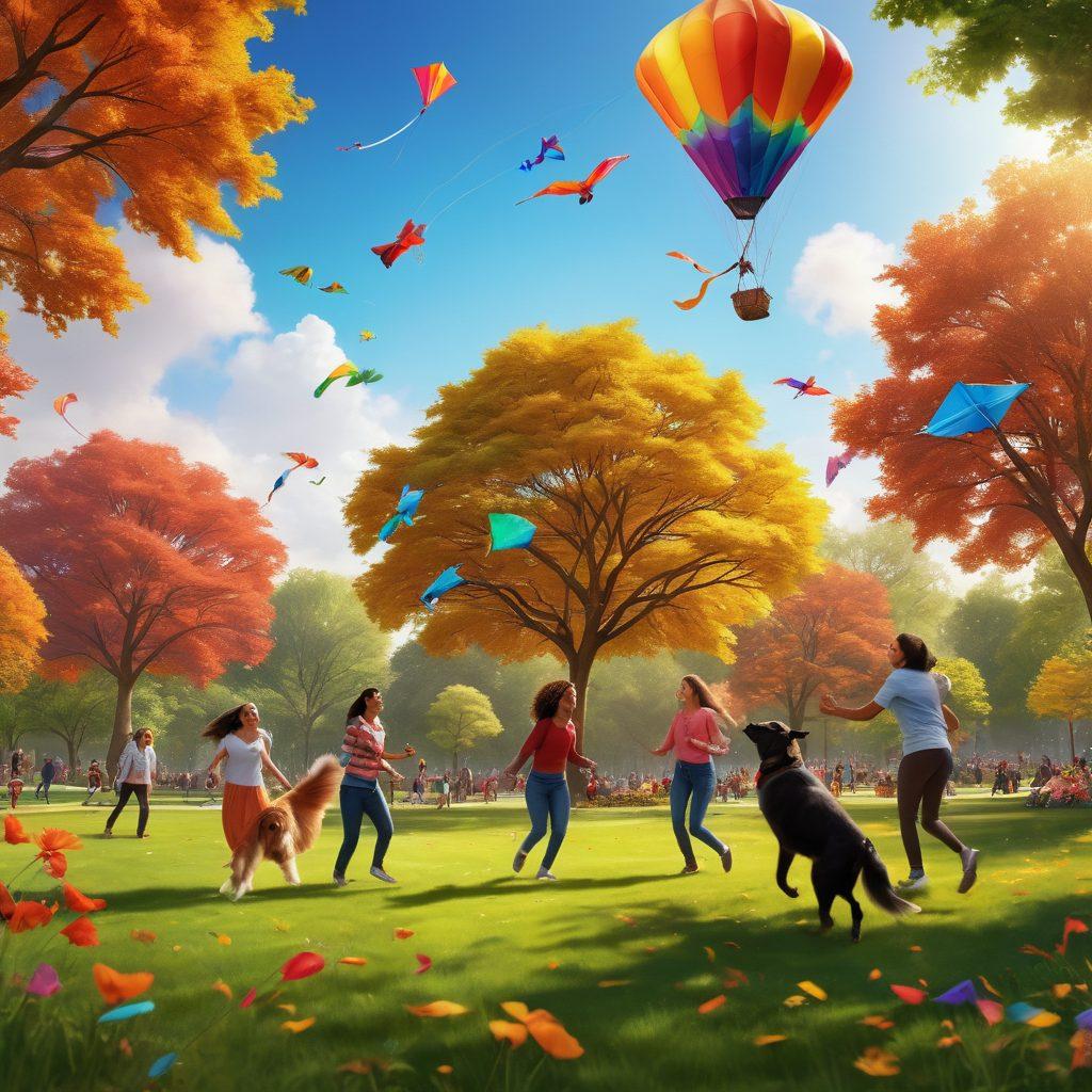 A lively scene of diverse groups of friends engaging in playful activities, filled with laughter and joy, set in a vibrant park with colorful kites soaring in the sky, playful dogs running around, and friends sharing funny moments. Incorporate warm, inviting colors and a sense of movement to capture the essence of camaraderie and lightheartedness. super-realistic. vibrant colors. natural background.