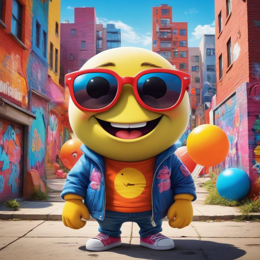 A cartoonish character embodying the spirit of 'Thugzilla', sporting oversized sunglasses, a playful grin, and vibrant streetwear, surrounded by colorful graffiti murals that radiate joy and humor. Include cartoon-style icons of laughter like smiley faces and comic speech bubbles. The background features a sunny urban landscape with exaggerated, whimsical elements that evoke a sense of freedom and fun. vibrant colors. cartoon style. playful atmosphere.